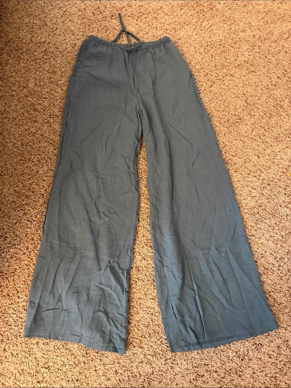 Wide Leg Drawstring linen Pants in Slate Blue